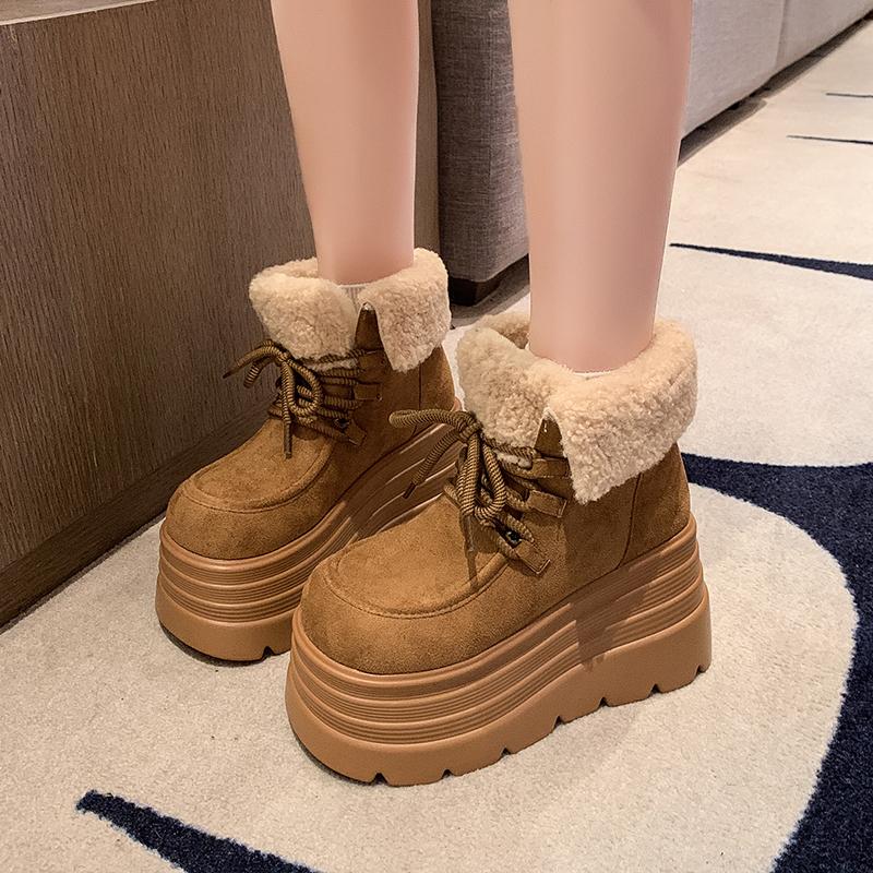 Fashion New Winter Chunky Casual Snow Shoes Woman 10CM High Platform Wedge Heels Warm Fur Sneakers Fashion Women Buckle Leather Shoes