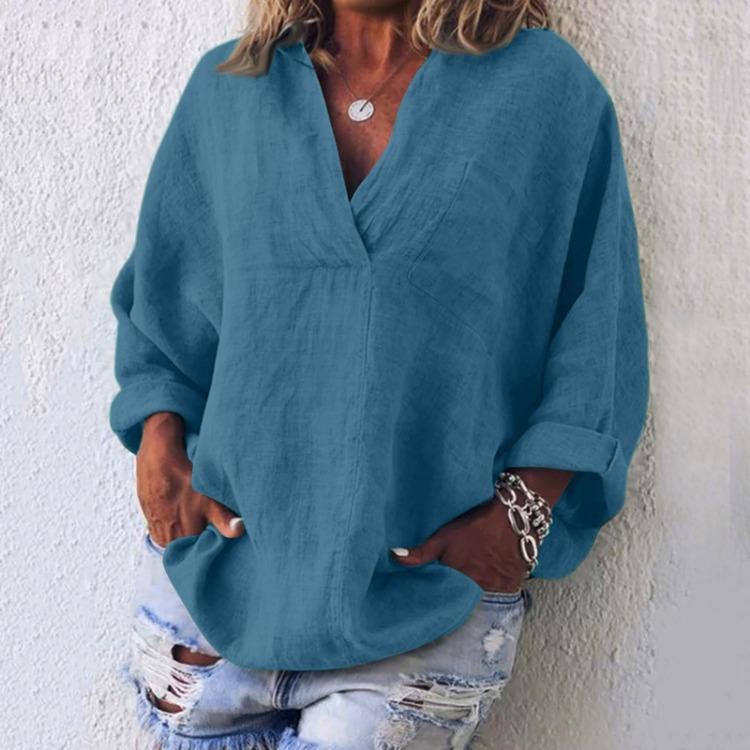 Women's Fashion Casual V Neck Long Sleeve Pullover Top Linen Cotton Blend