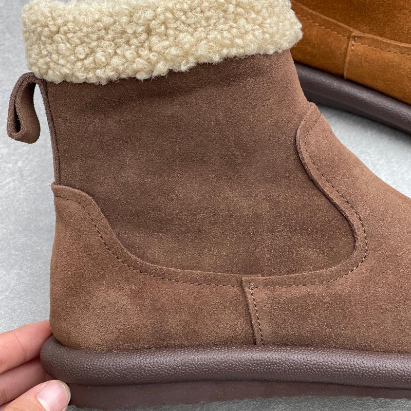 Johnature Genuine Leather Plush Warm Cotton Boots Casual Thick Soled Round Toe Flat Women's Short Boots