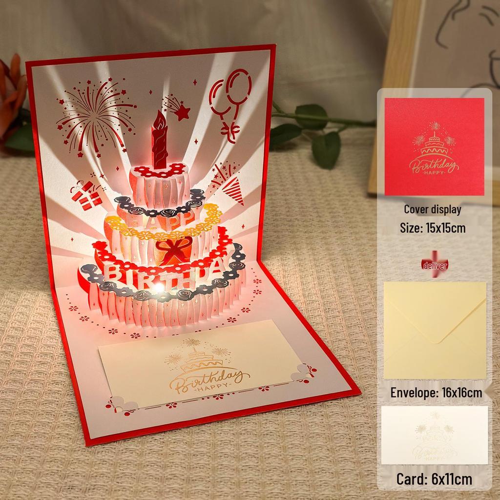 Dźwiękowa kartka urodzinowa 3D Pop-Up ze światłem do nagrywania - Wzór tortu na prezent dla chłopaka/dziewczyny