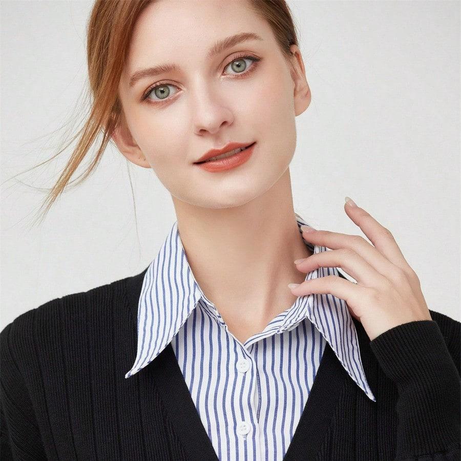 Pointed collar striped shirt fake collar, women's versatile decoration collars blue and white stripes sweater collar