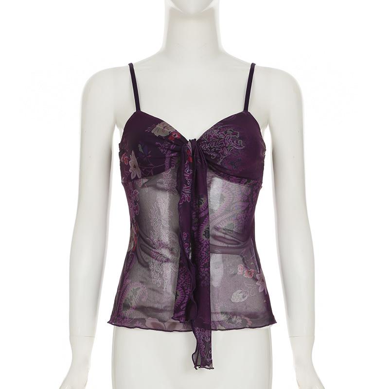 European & American Retro Print Spaghetti Strap Waist-Cinching Slim Bandeau Top