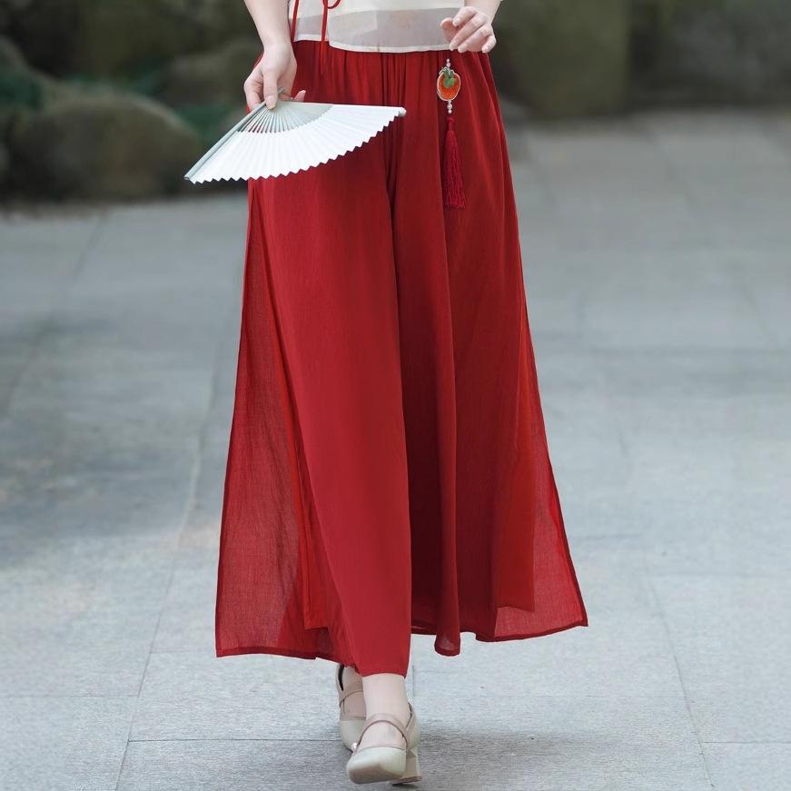 Retro-Print Chiffon Tang-Anzug & Hanfu Weitbein-Hosen-Set für Damen – Frühjahr/Sommer-Kollektion