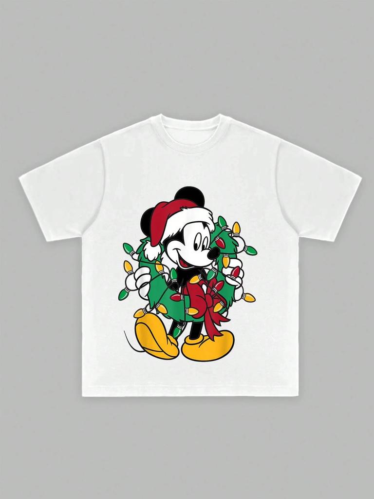 Disney Mickey Mouse Men's Casual Cartoon Print Short Sleeve T-Shirt Cotton Tee Couple Outfit Clothing White T-Shirt Men Clothing