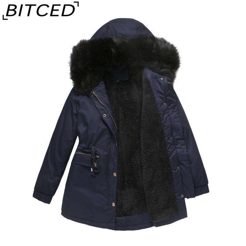 BITCED Fall/Winter Puffer Jacket for Women with Fleece Lining, Fur Collar, Hooded Warm Coat, Loose-Fit Cotton Jacket