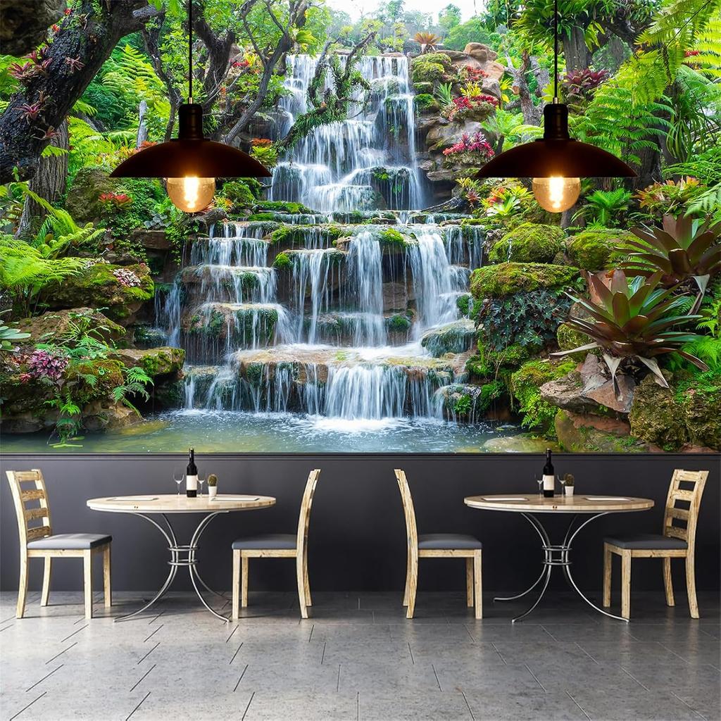 Tropical Rainforest Waterfall Wall Mural Green Plants Nature Scenery Wallpaper Home Decor