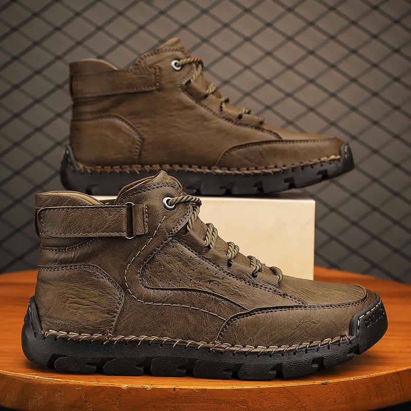 Men's Plus-Size Handmade Leather Ankle Boots: Fashionable Lace-Up Casual Shoes