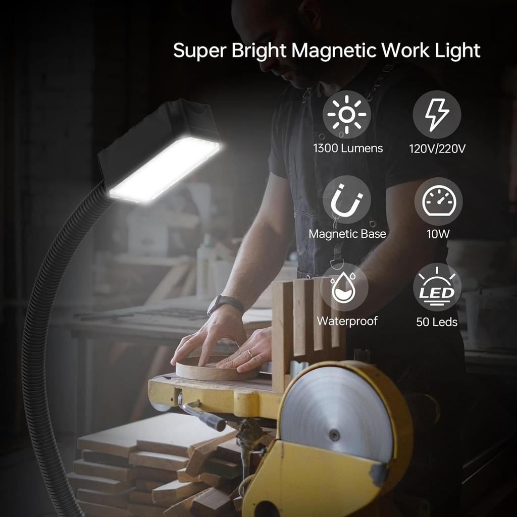 Magnetic Work Light, 1300 Lumens Led Machine Light with Strong Magnetic Base, Flexible Gooseneck Magnetic Lamp for Lathe and Drill Press, 10W 120V