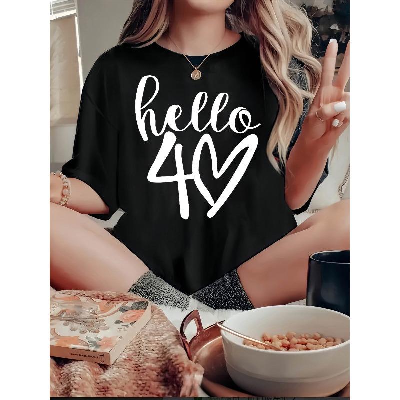 European Size Women'S Casual Crew Neck Short Sleeve T-Shirt, Polyester Knit Fabric with Medium Stretch, Geometric Pattern
