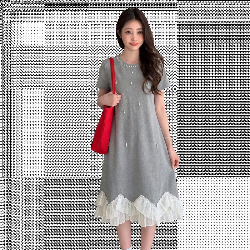 2026 Summer Maternity Dress: Korean Style, Loose Slimming, Round Neck, Midi Length, Knit for Pregnant Women