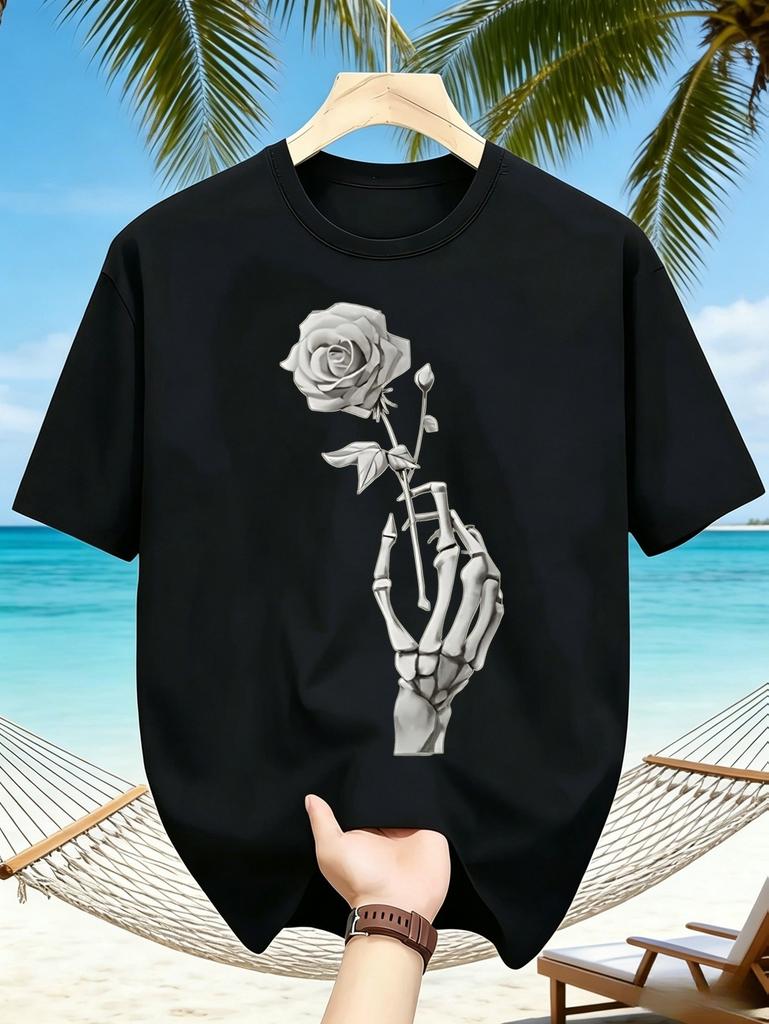 1pc Mens Graphic T Shirt Gothic Skeleton Hand Holding Rose Short Sleeve Crew Neck