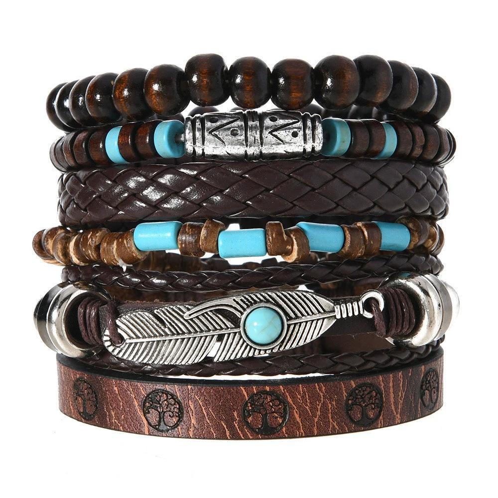 Leather Bracelets for Men Women Handmade Wrap Woven Cuff Bracelets Wooden Beaded Bracelets Vintage Ethnic Tribal Wristbands Bracelet Set Adjustable