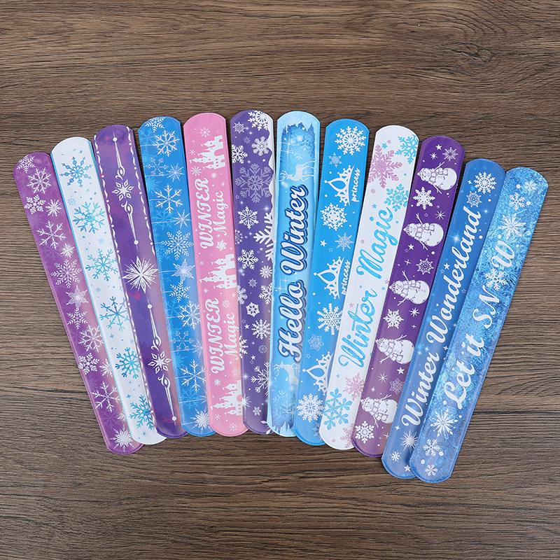 12Pcs Winter Snowflake Party Slap Bracelets for Kids Birthday Party Favors Goodie Bag Pinata Fillers Christmas Wristbands Gifts