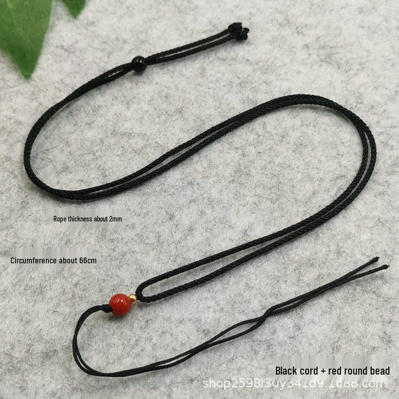 Adjustable Hand-Woven Jadeite Necklace with Red Bead Pendant and Thin Cord Lanyard
