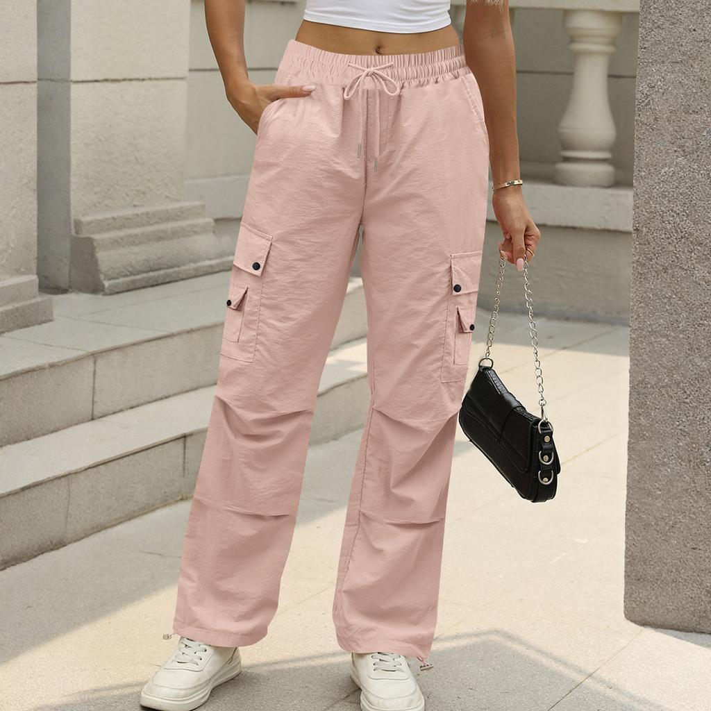 Women's Fashion Solid Color High Waist Drawstring Loose Multi Pocket Strap Casual Pants