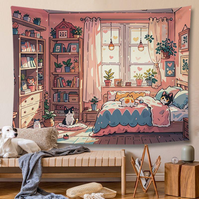 VIKAMA Warm Tone Japanese Cat Tapestry Wall Hanging Home Decor for Bedroom Living Room Dorm Sunshine Bedroom Cute Pet