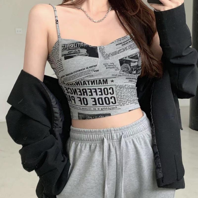 Women Push Up Camisole Padded Bra Sexy Top Suspender Tanks Fashion Printed Newspaper Female Soft Sleeveless Tube Tops