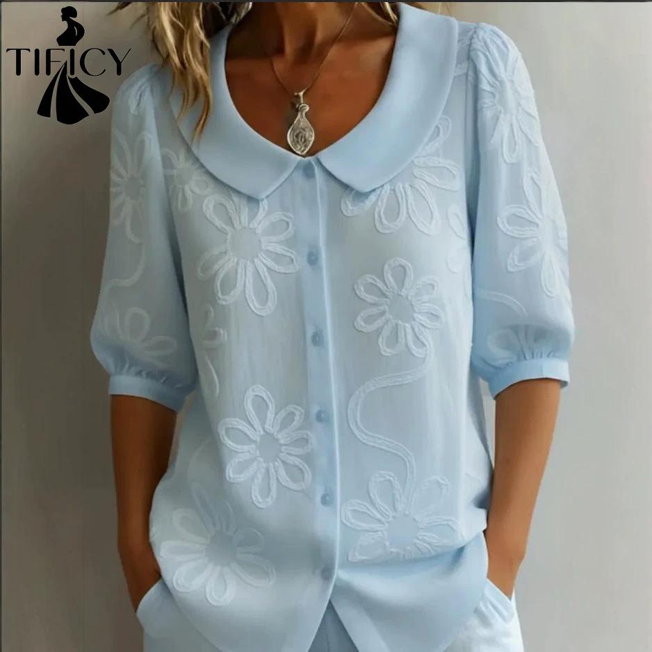 TIFICY Camicette e camicie con collo a polo, maniche corte, stampa floreale, moda casual estiva primaverile da donna