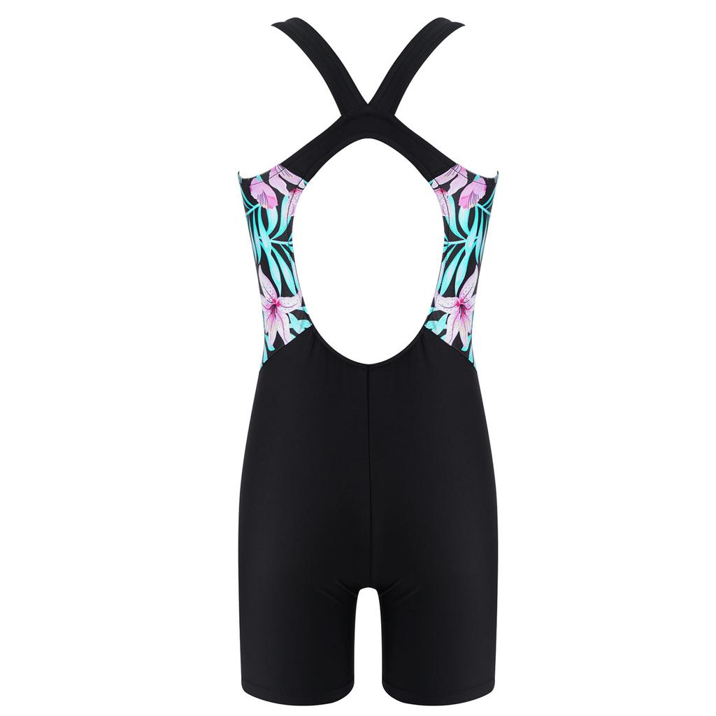 Girls Swim Bodysuit One Piece Swimwear Round Neck Sleeveless Open Back Print Short Jumpsuit Pool Beach Wear
