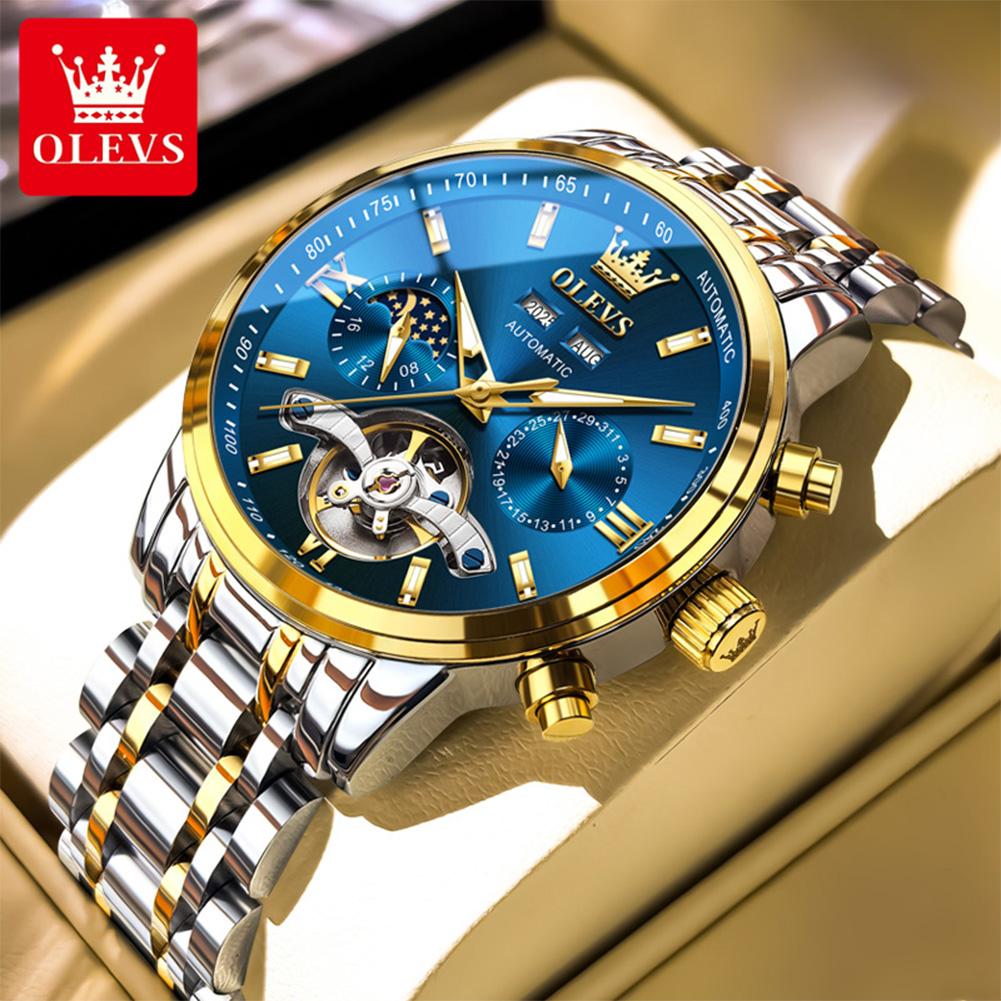 OLEVS Watches for Men Skeleton Flywheel Automatic Mechanical Men's Watches 24 Hour Moon Phase Waterproof Luxury Man Watch 6740