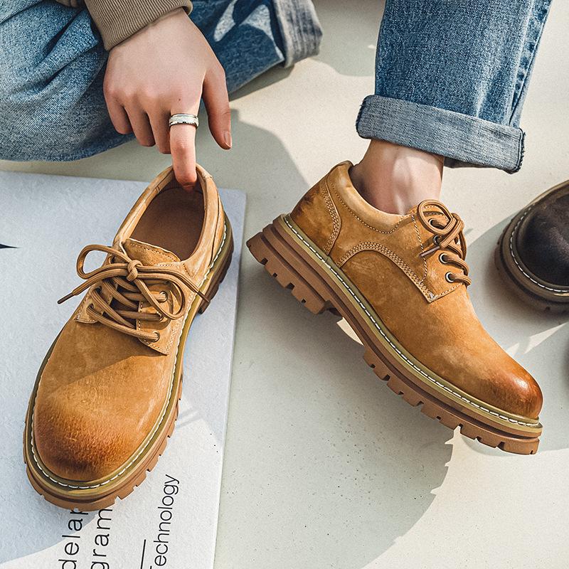 Martin boots autumn low-top lace-up British retro rhubarb boots thick-soled heightening leather casual big-head shoes