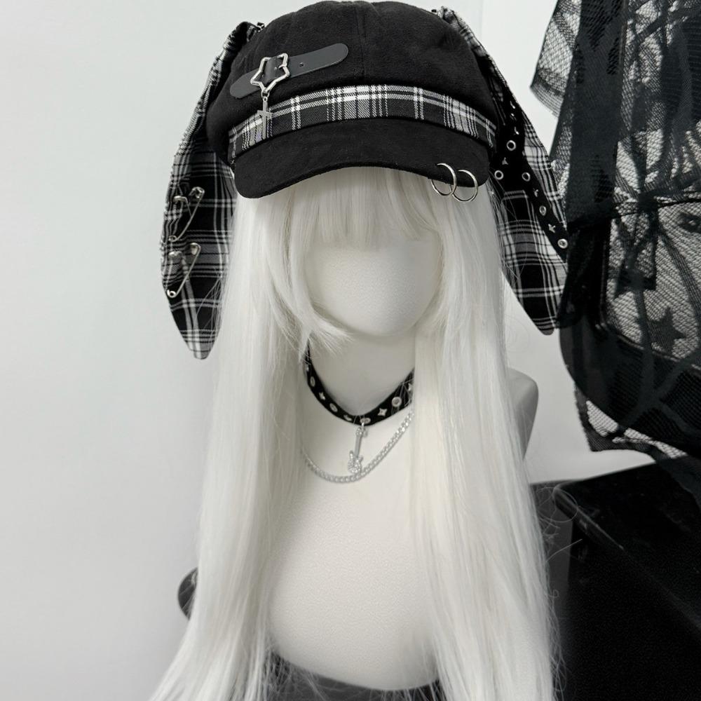 Metal Ring Accents Rabbit Ear Beret Y2K Punk Style Visor Beret Cap Alternative Fashion