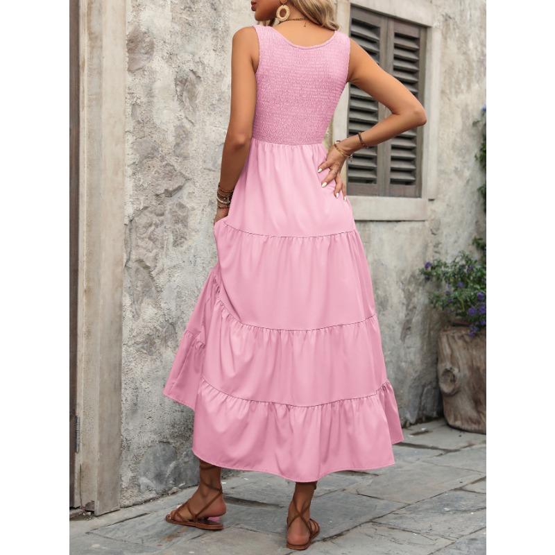 Summer Women's Halter Dress Drawstring Pleated Splicing A-line Large Swing Dresses