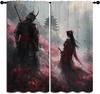 Japanese Samurai Boy Girls Blackout Curtains,Asian Style Red Plum Blossom,Panel Rod Pocket Thermal Insulated Drapes for Bedroom