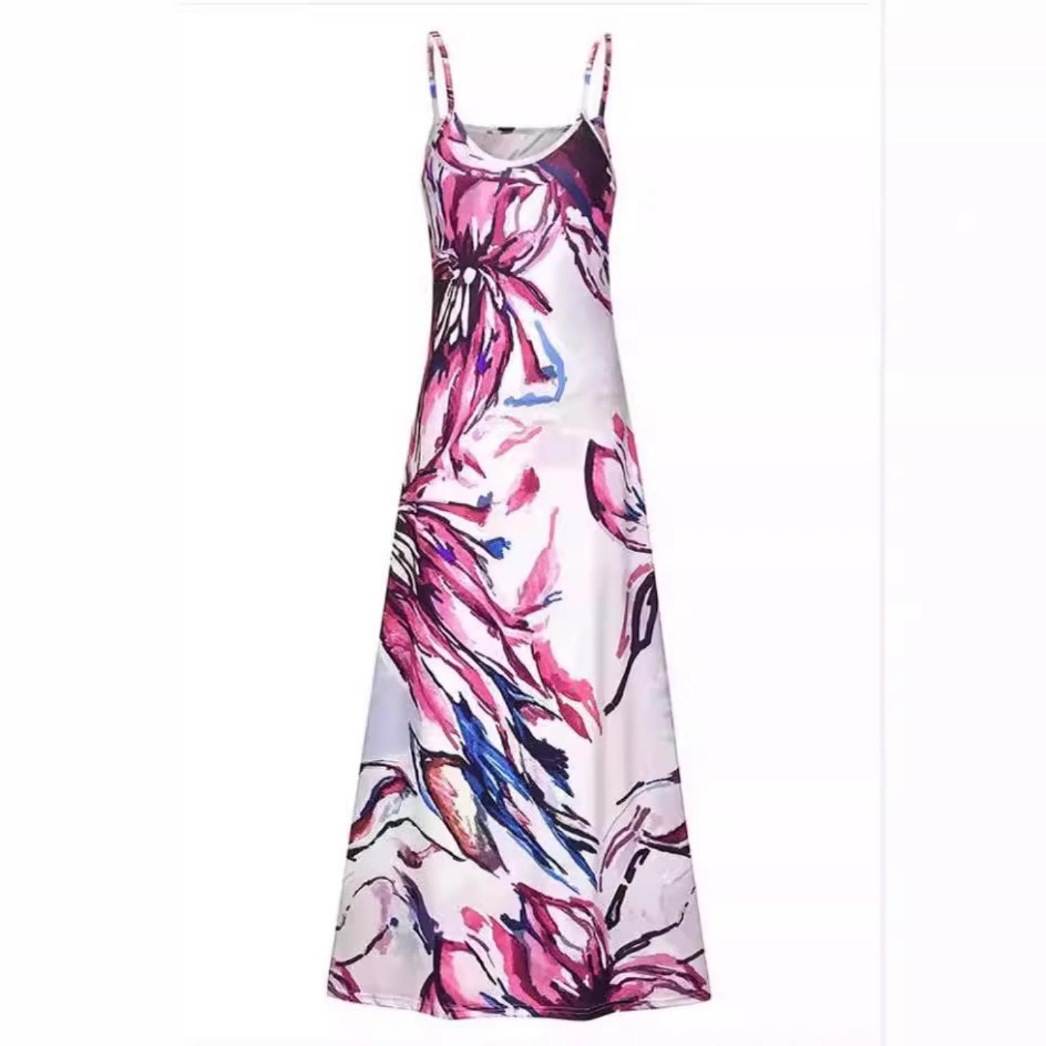 

2025 Новое женское длинное платье с коротким рукавом без рукавов с принтом и круглым вырезом XXL