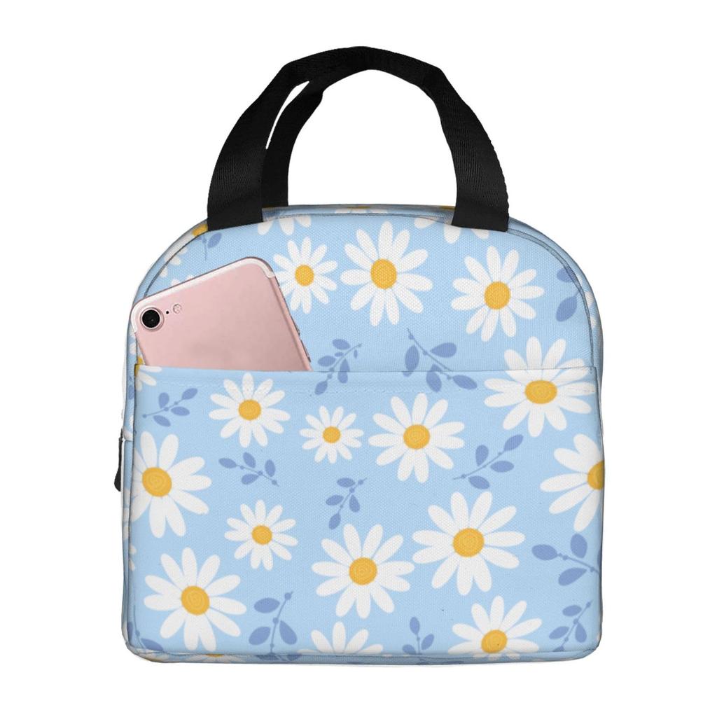 Insulated Lunch Box Daisy Flower Lunch Bag Spring Floral Reusable Bag Flowers Blue Cooler Tote Bags for Kids Teens Adults Girls