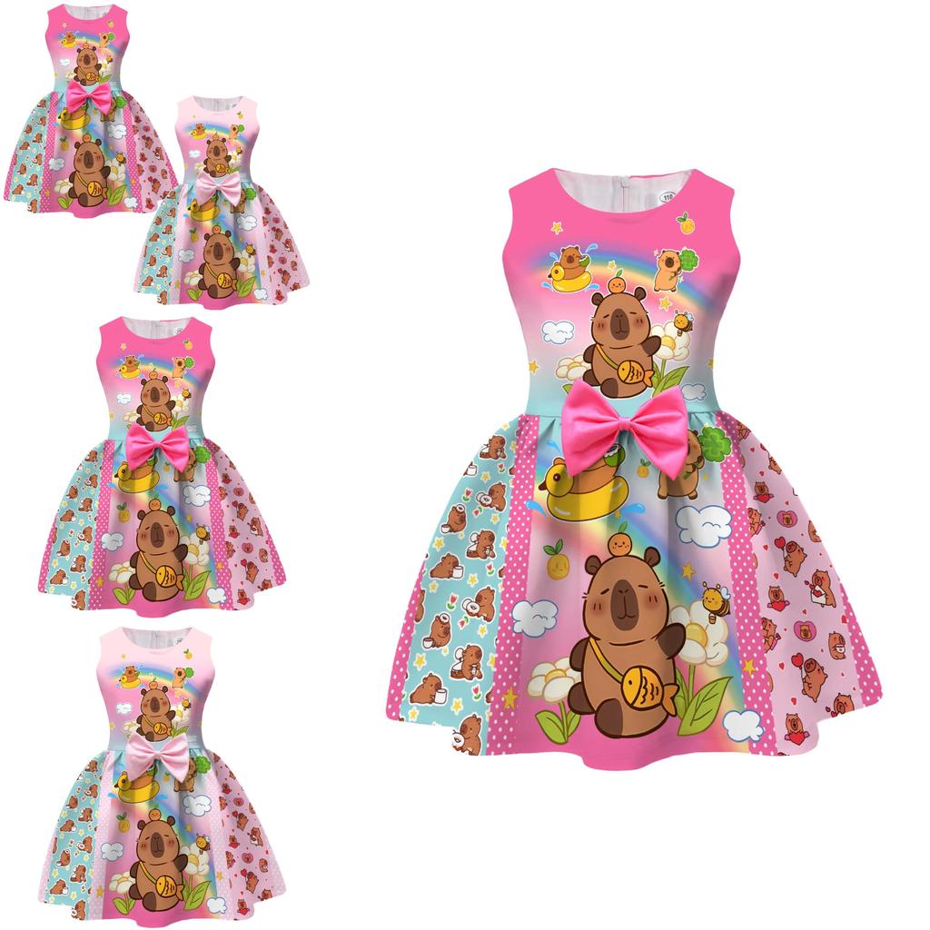 Vestito per Bambina Cartoon Capibara con Gonna Pieghettata in Misto Cotone per Età da 3 a 8 Anni