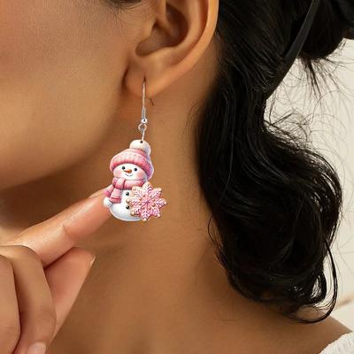Pink Sequins 2D Acrylic Cartoon Christmas Snowman Earrings Ladies Jewelry Gift Perfect for Parties and Celebrations