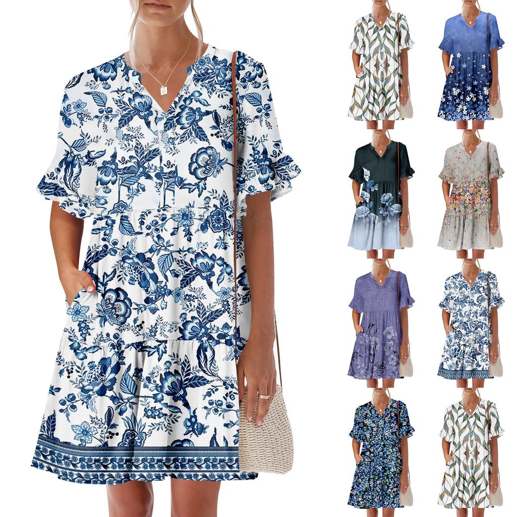 Womens Summer Dress Short Sleeve V Neck Short Dresses Fashion Casual Flowy Boho Ruffle A Line Swing Sundress With Pockets