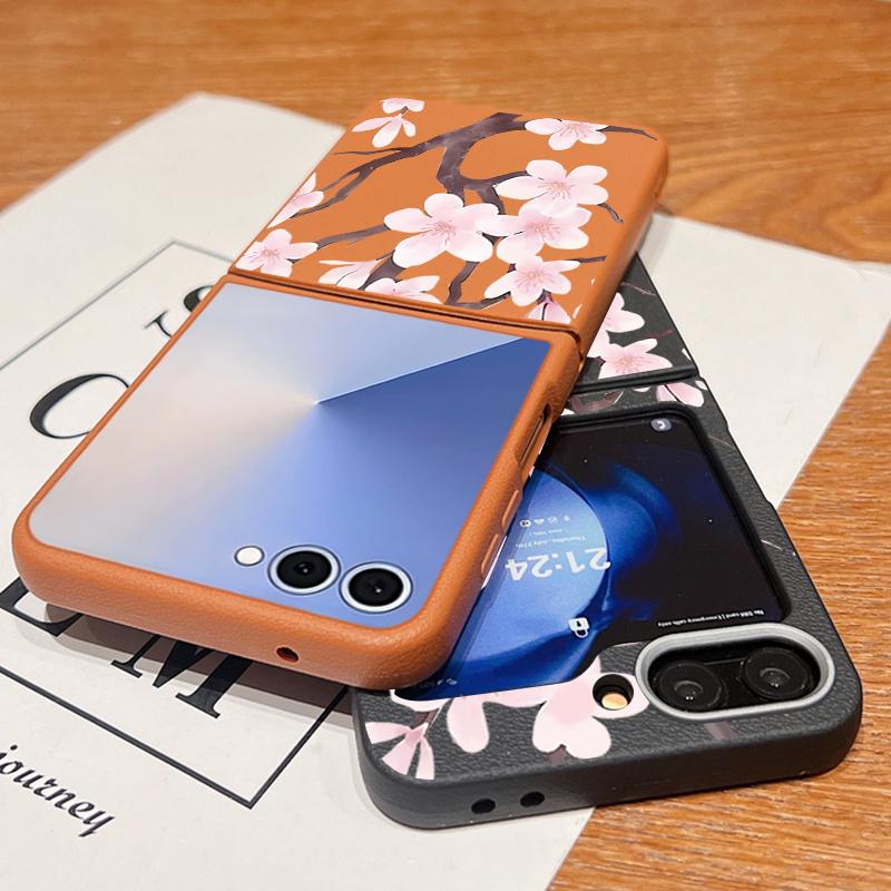 Z Flip 7 Case Hand-drawn Style Sakura Pattern Leather Texture Folding Fhone Cover For Samsung Galaxy Z Flip 7 6 5 4 Flip7 Flip6 Flip5