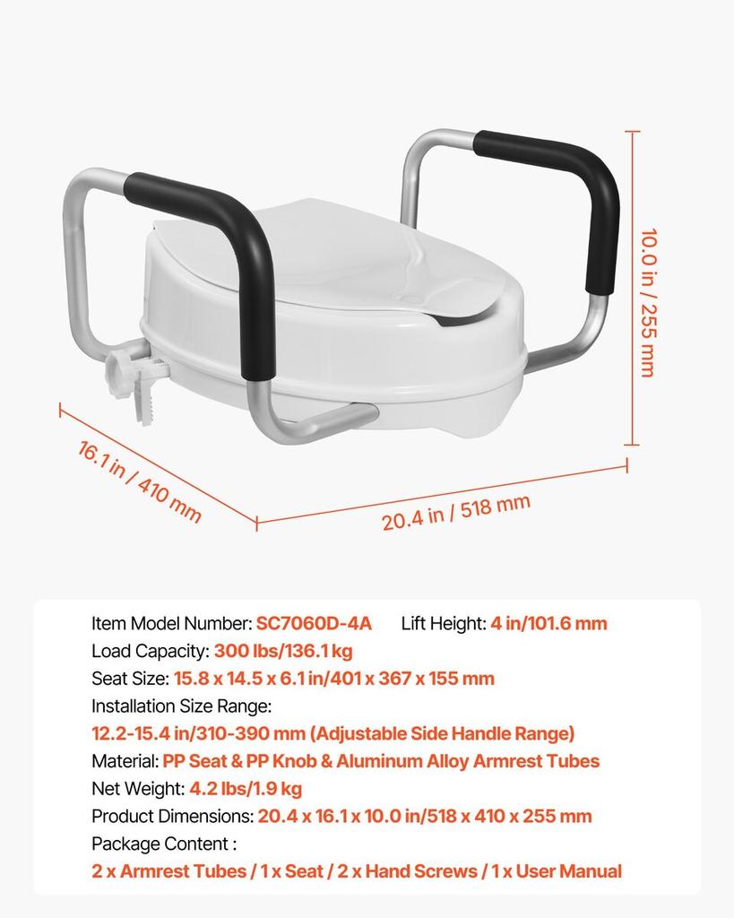 Raised Toilet Seat with Arms, 136.1 kg Load Capacity, 101.6 mm Lift Height, Widened Commode Elevated Toilet Seat Riser with Padded Handles for