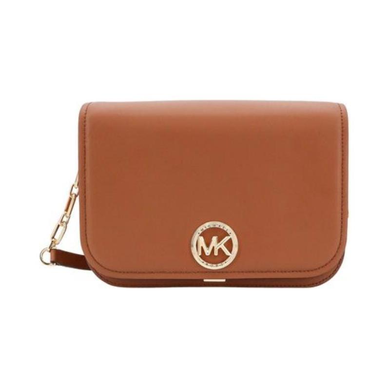 MICHAEL KORS Delancey Metal Logo Flap Leather Crossbody Shoulder Bag Medium Women s Brown золотой