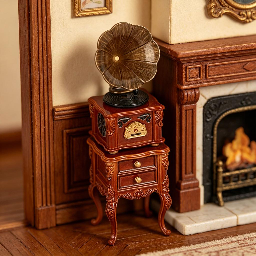 Playable Wood Phonograph Figurine European Styles 1/12 Scale Gramophone Model For Doll House Decoration Collection