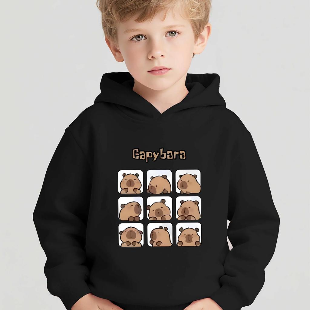 Autumn Winter Cartoon Capybara Printed Hoodies Fashionable Casual Warm Sports Long Sleeved Children's Boy Hooded Sweatshirts