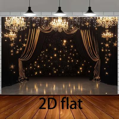 Black Gold Stage Curtain Tapestry, Chandelier Starlight Background Cloth, Party Prom Backdrop