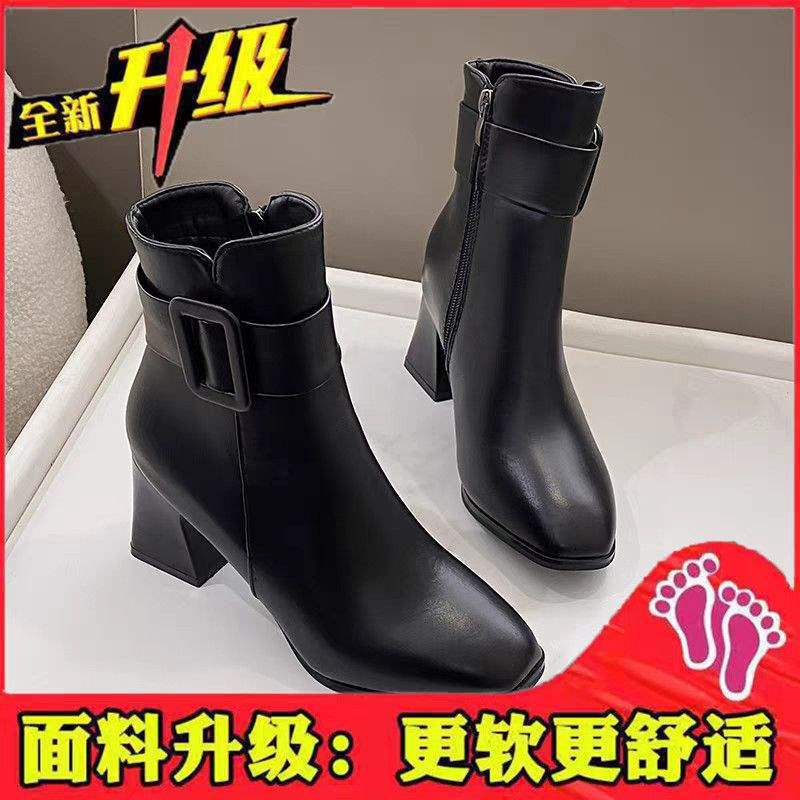 New Foreign-style White Leather Shoes Women's 2025 Short Boots Korean Version Medium Boots High Heels Women's Shoes 5com Thin Velvet Autumn and Win