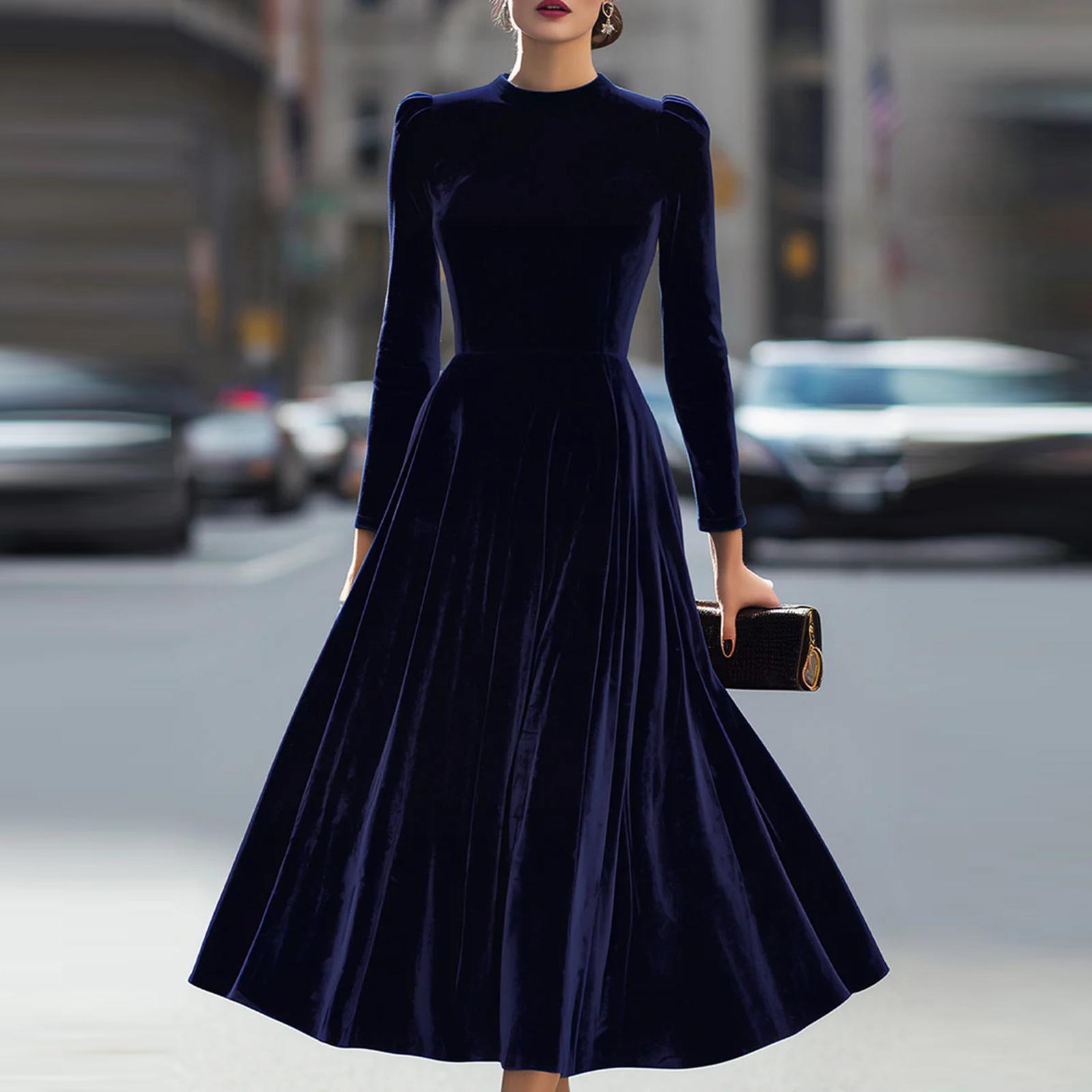 

Жіноча мода Повсякденна однотонна вельветова сукня з V-подібним вирізом та довгими рукавами M Темно-синій