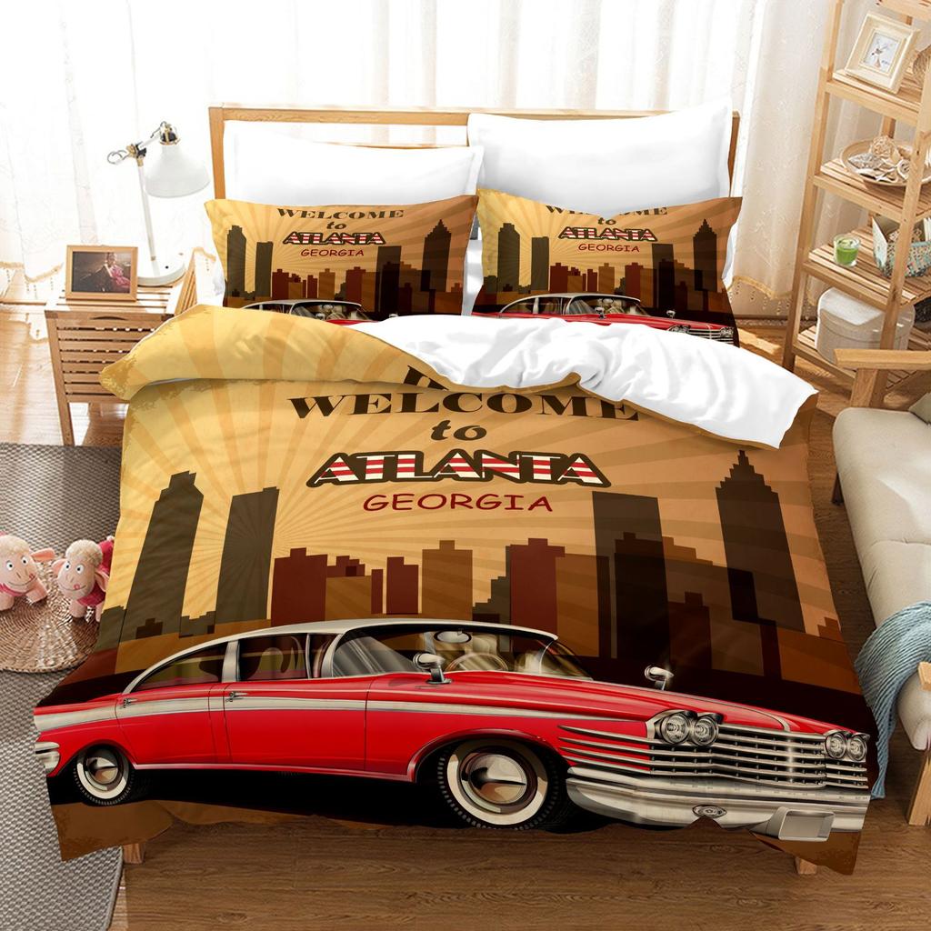 3pcs Bedding Set Hand Drawn Cars Print Duvet Cover Set Single Double King Size Bed Set for Adult Home Bedroom with Pillow Case