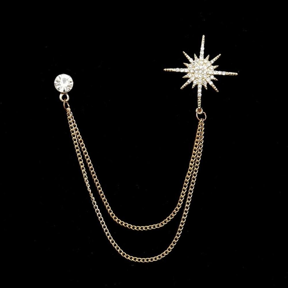 Metal Star Rhinestone Brooches Tassel Chain Crystal Lapel Pins Suit Coat Pin Jewelry Accessories