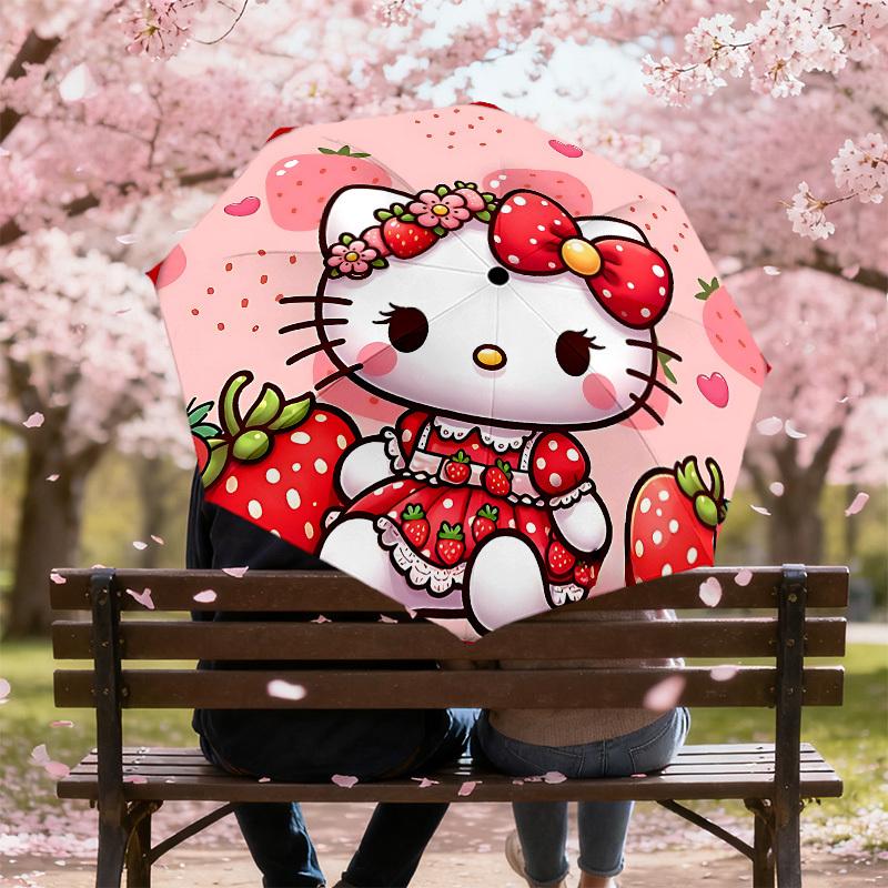 1PC Strawberry Hello Kitty Umbrella-8-Rib Reinforced, Automatic Open, Lightweight & Durable, Cute Fashion Accessory for Outdoor-P31