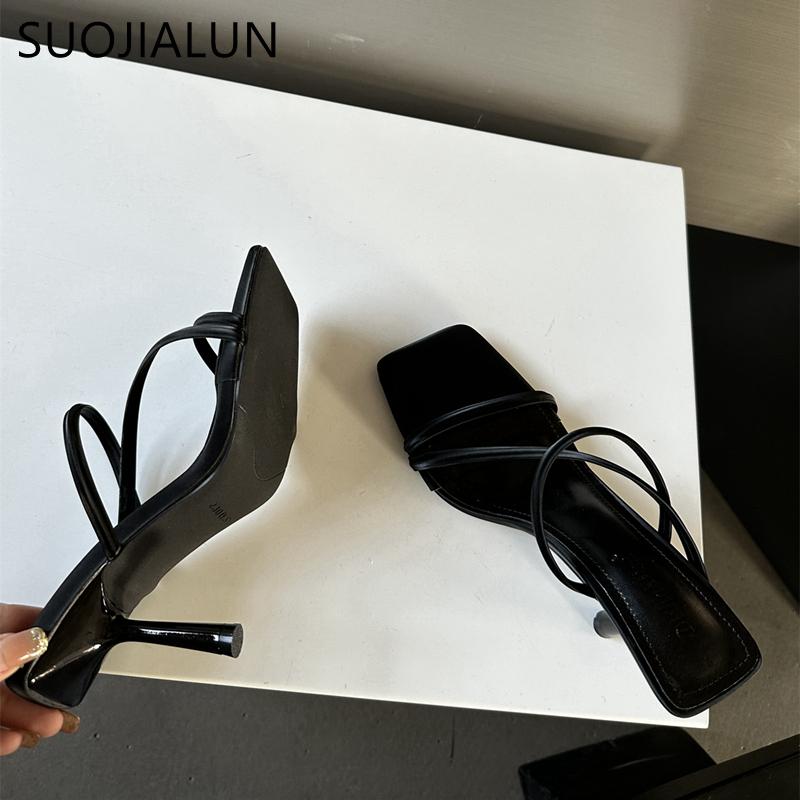 Fashion SUOJIALUN 2024 Summer New Brand Women Slipper Fashion Narrow Band Ladies Elegant Sandal Shoes Thin High Heel Dress Slides Pumps