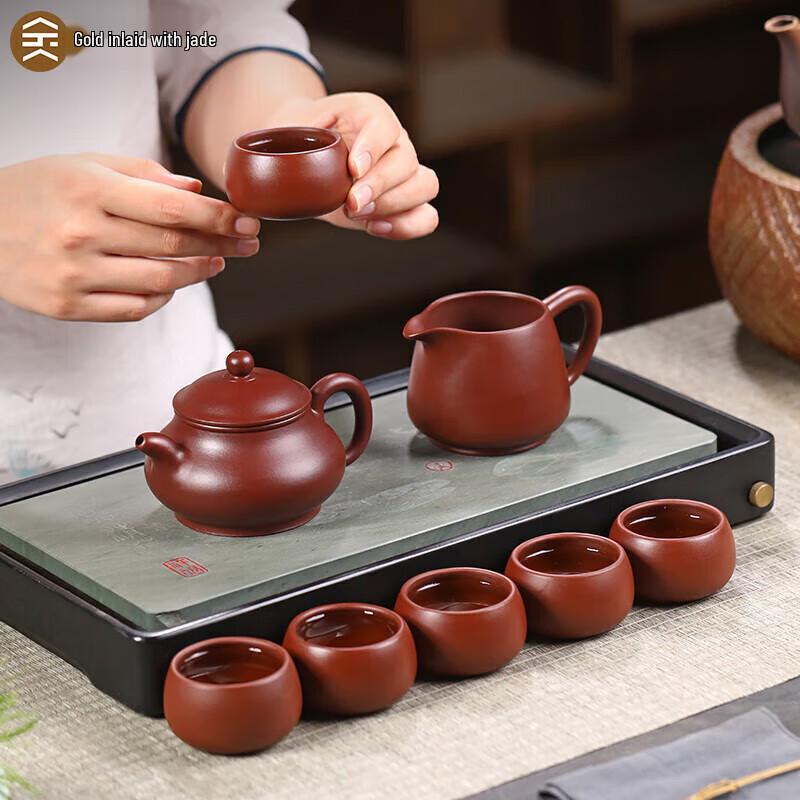 Yixing Zisha Kung Fu Tea Set with Gold Inlaid Jade