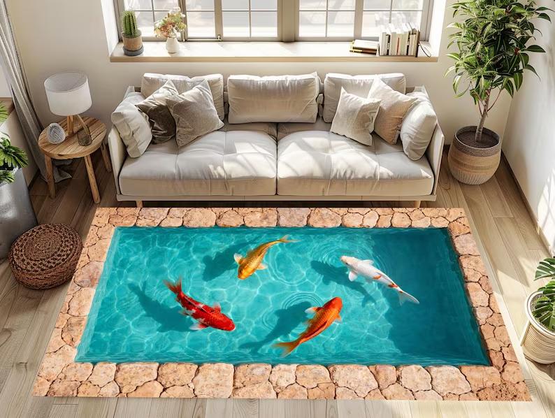 3D Koi Pond Area Rug - Realistic Fish Pond Illusion Floormat Ideal for Living Room Aquatic Pattern Area Floormat Decor