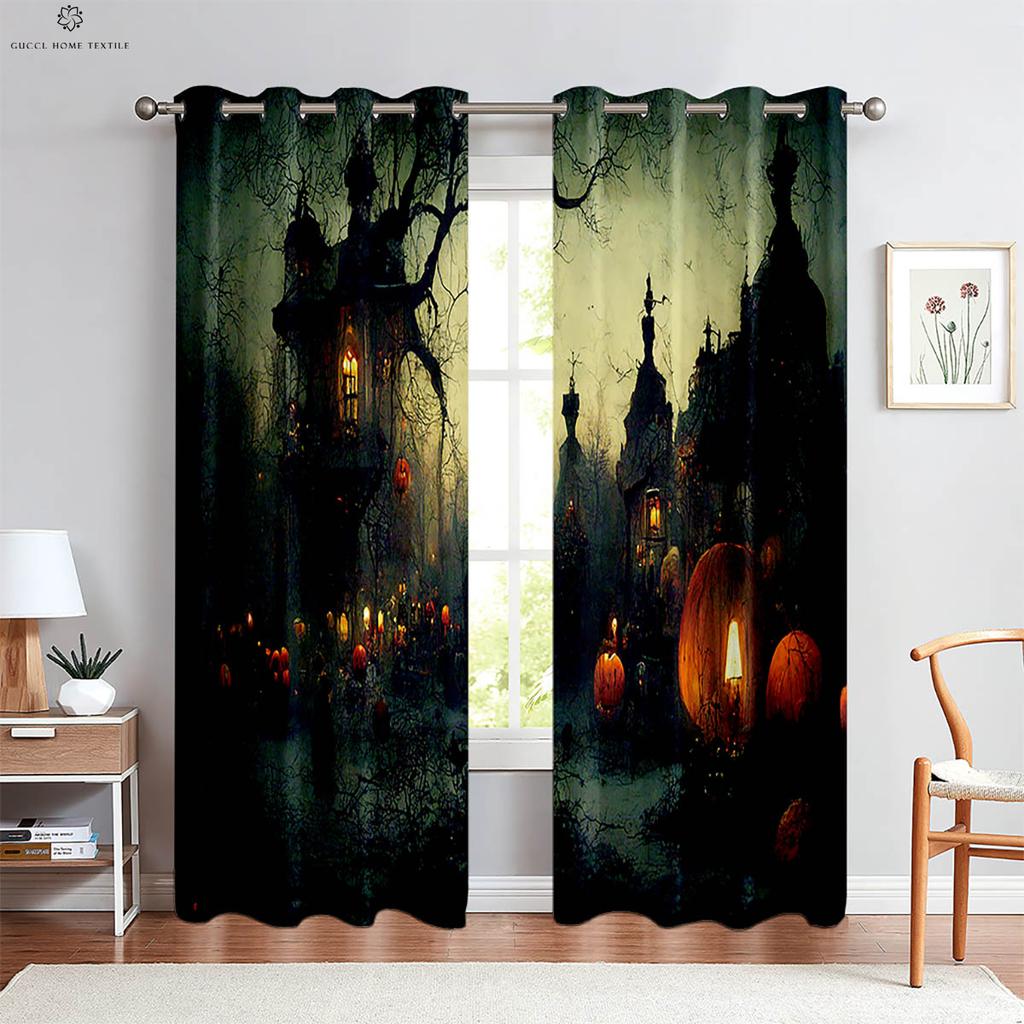 Cartoon Print Curtains, Horror Skull, Pumpkin, Bedroom, Living Room, Restaurant, Holiday Party, Decorative, 2 Pcs