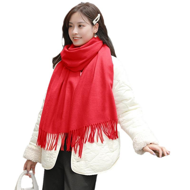 Versatile High-End Imitation Cashmere Scarf - Solid Red, Unisex, Korean Style, for Autumn/Winter