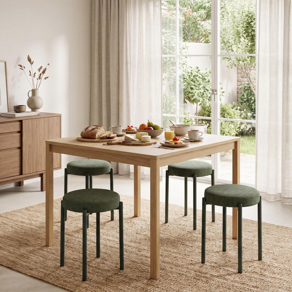 Stackable Stools, Set of 4, Round, Padded Seat, No Backrest, 45 x 45 x 47.5 cm, Dark Green